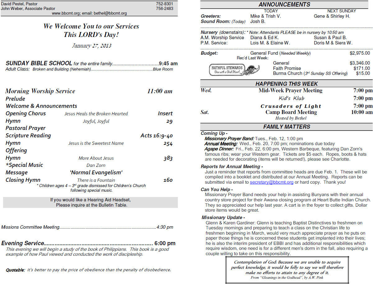 Bethel Baptist Church Kalispell Montana Church Bulletins